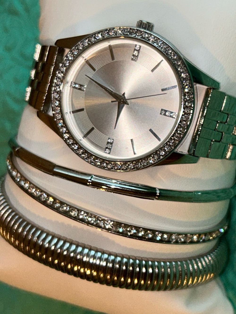 Silver Crystal Bezel Stainless Watch with Bangles Set NWOT Jewelry Set